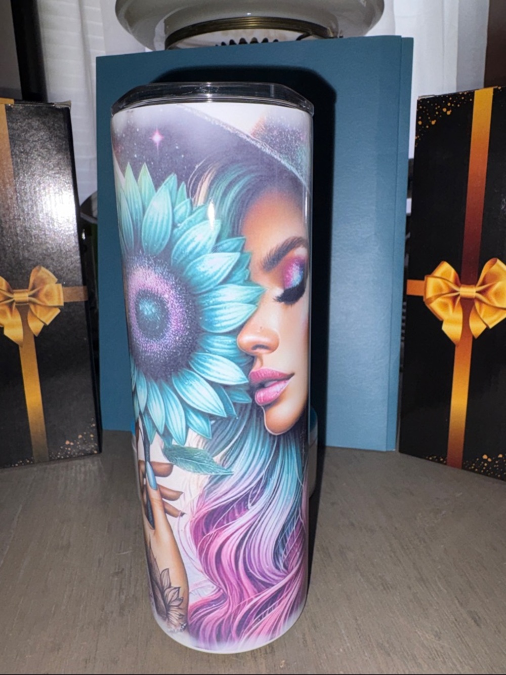 Colorful Floral Goddess Skinny Tumbler - Teal, Pink, Purple 20 ounce